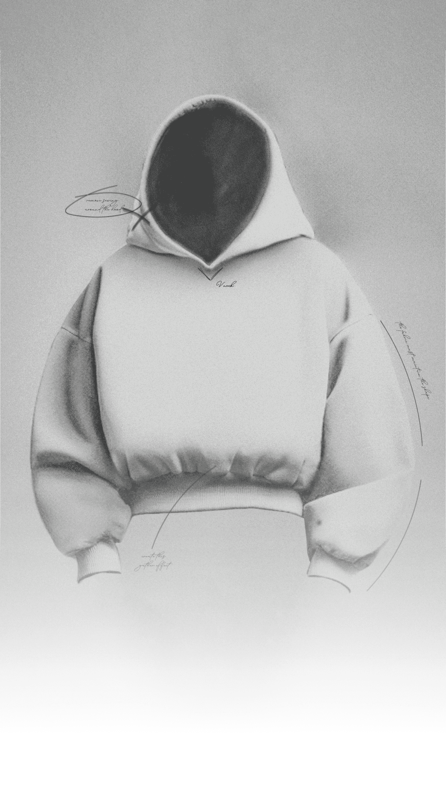 Detailed sketch of Borderline's AI-designed hoodie, showcasing innovative and sustainable fashion design with unique features and cutting-edge style.
